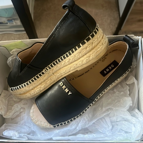 DKNY Black Leather Platform Espadrille Peep Toe 7.5 - Picture 3 of 7